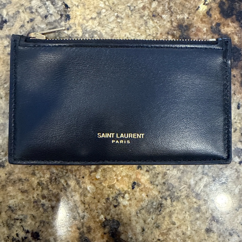 Saint Laurent Black Leather Zip Card Holder with Gold Logo